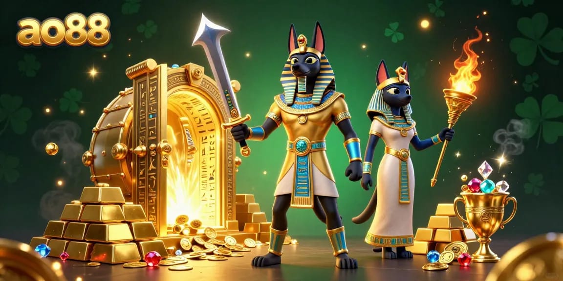 Engage with the ao88 experience featuring Anubis and Bastet amidst a treasure-filled dynamic casino scene.