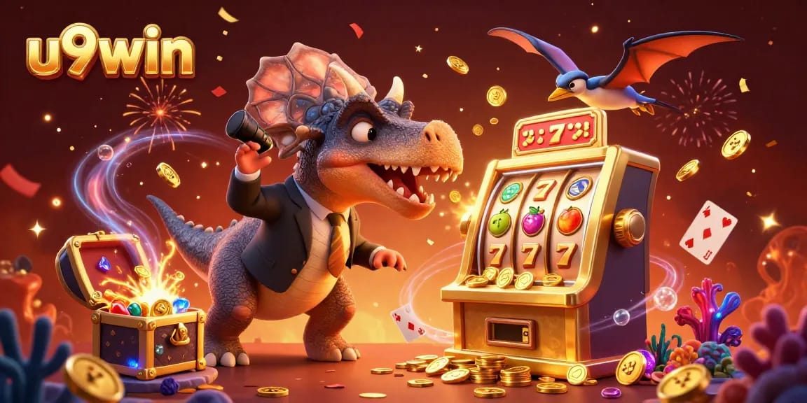 Experience the thrill of u9win as a pachycephalosaurus hits a slot machine for a jackpot in a vibrant casino scene.