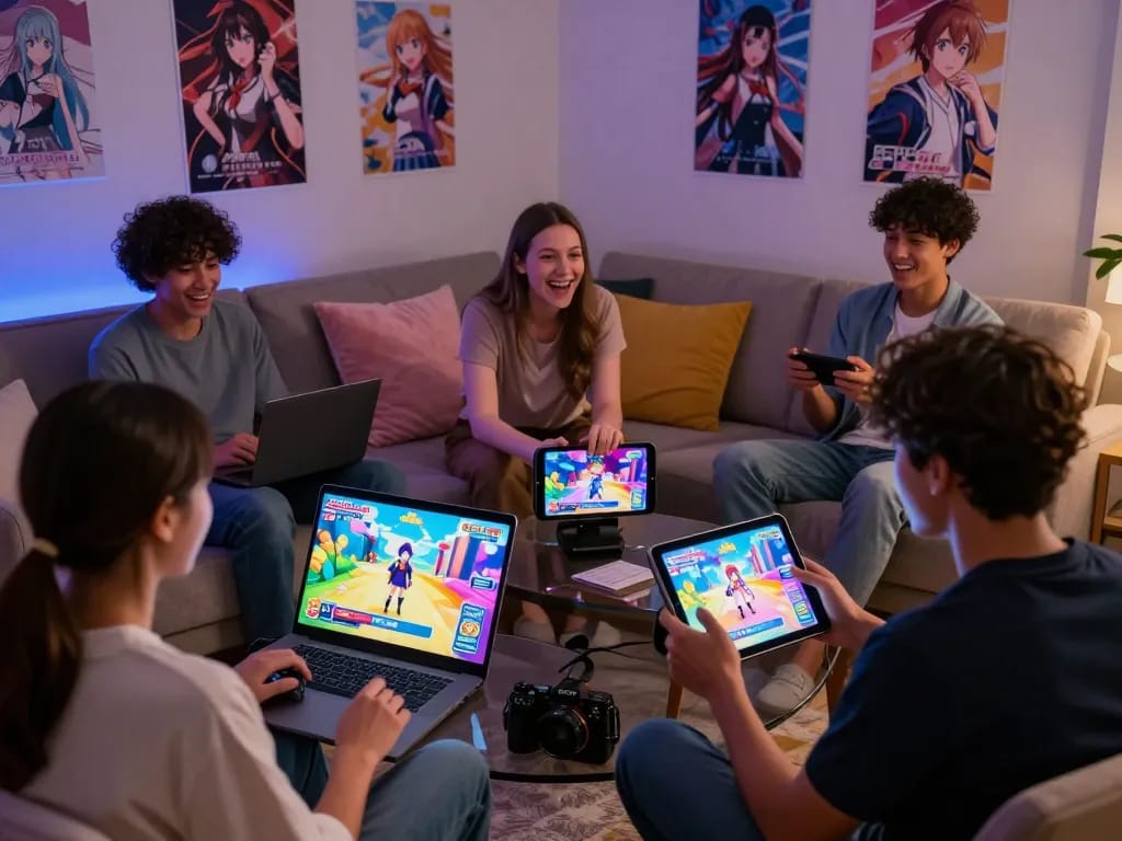Exciting game porn players immersed in diverse adult visual novels on various devices.