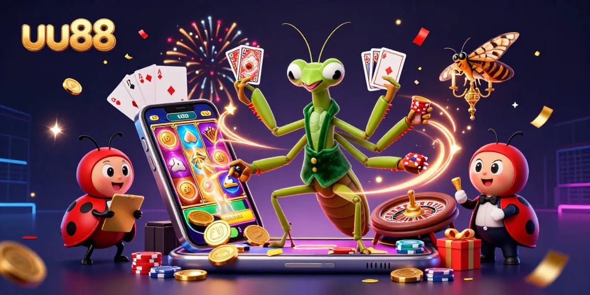 uu88 showcases a vibrant casino scene with a giant mantis dealer and ladybug pit boss, featuring engaging slot games.