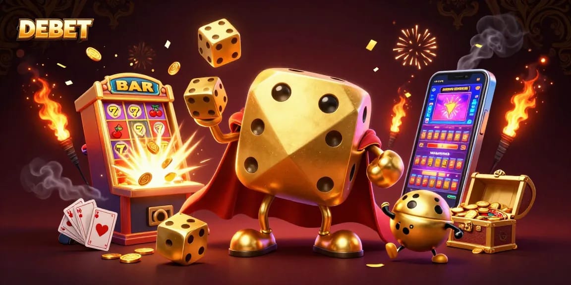 Engage with DEBET's vibrant casino gaming scene featuring dynamic lucky symbols and festive atmosphere.