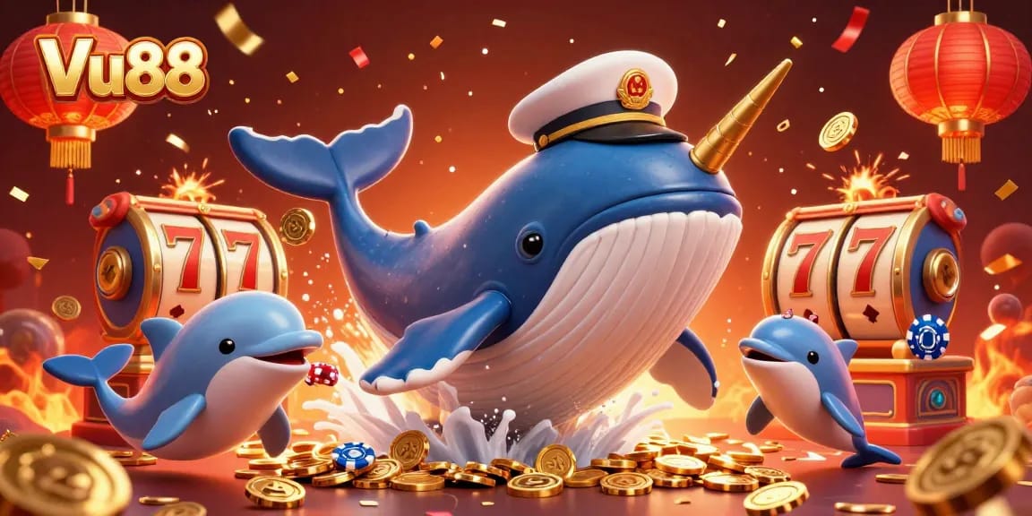 Experience thrilling gameplay at Vu88 with a vibrant casino scene featuring playful dolphins and a whale.