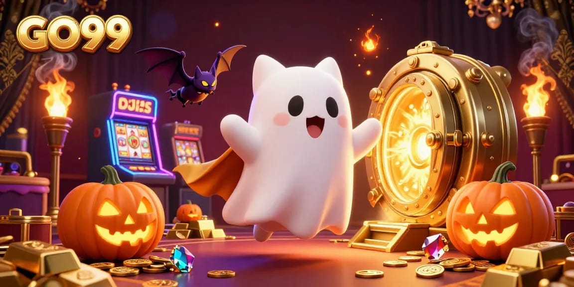 Engage with GO99's vibrant gaming world featuring a friendly ghost cat and rich slot elements.