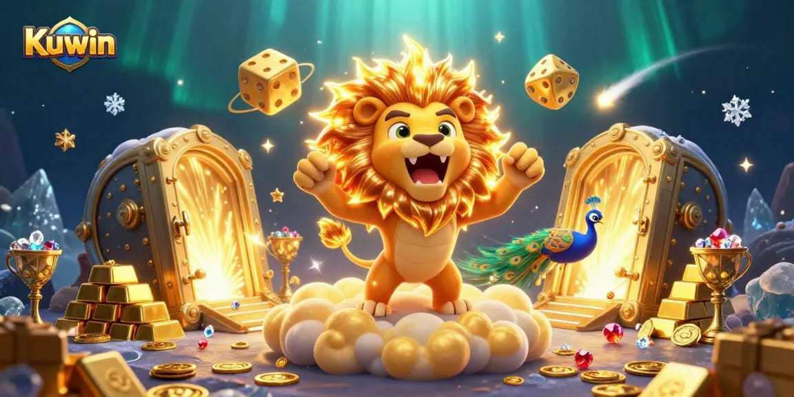 Kuwin online casino features a roaring lion, golden dice, and treasure elements in a vibrant 3D illustration.