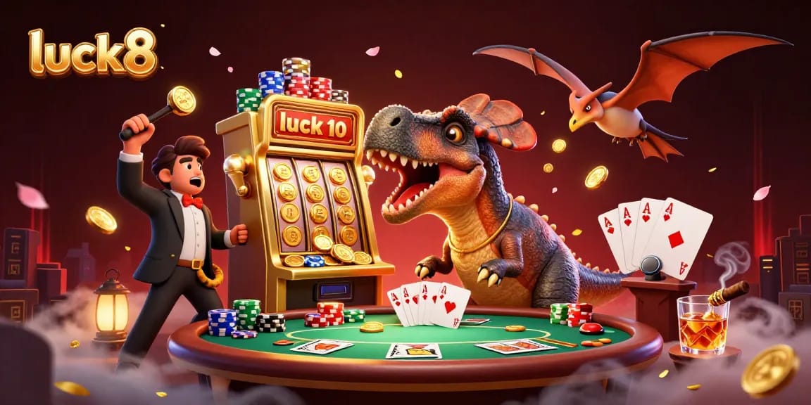 Experience luck8's thrilling jackpot with cartoon characters in a vibrant casino scene.