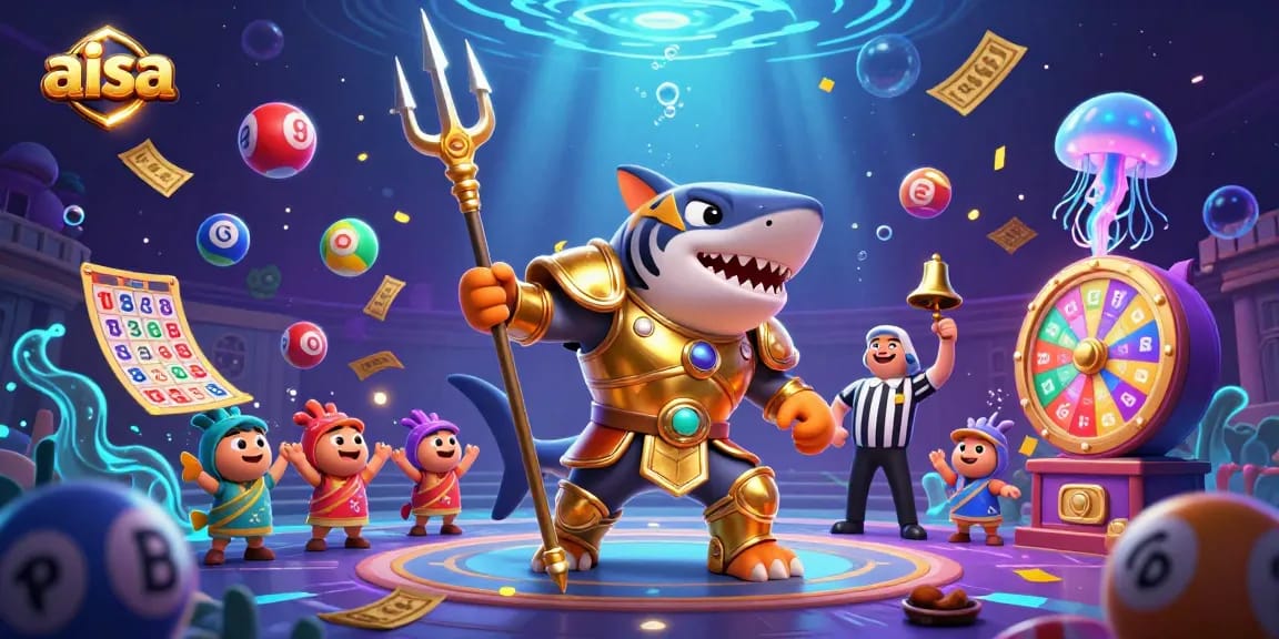 Aisa's engaging underwater casino scene with a tiger shark and lottery elements presenting vibrant gambling action.