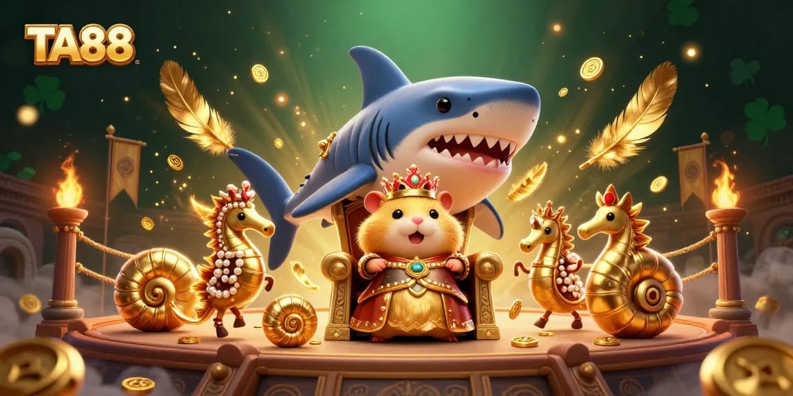 Bet big with TA88's adventurous gaming scene featuring a golden hamster king on a shark throne.