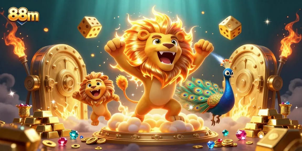 Immerse in the thrilling world of 88m as the sun lion celebrates amidst gold coins and jewels.