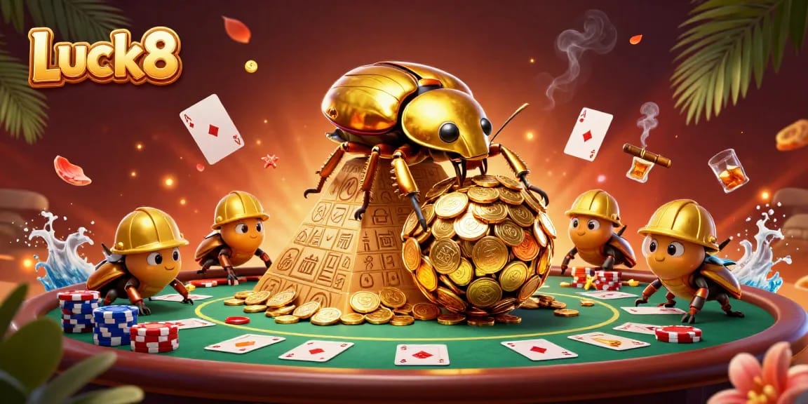 Experience excitement with Luck8's vibrant casino games and golden riches in this colorful illustration.