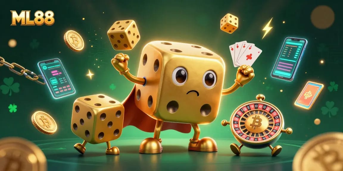 ML88 players experience thrilling casino action with golden dice and crypto elements in 3D illustration.