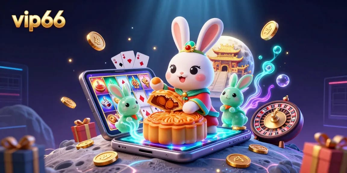 Engage with vip66's vibrant casino scene featuring a moon rabbit celebrating with poker chips and slot games.