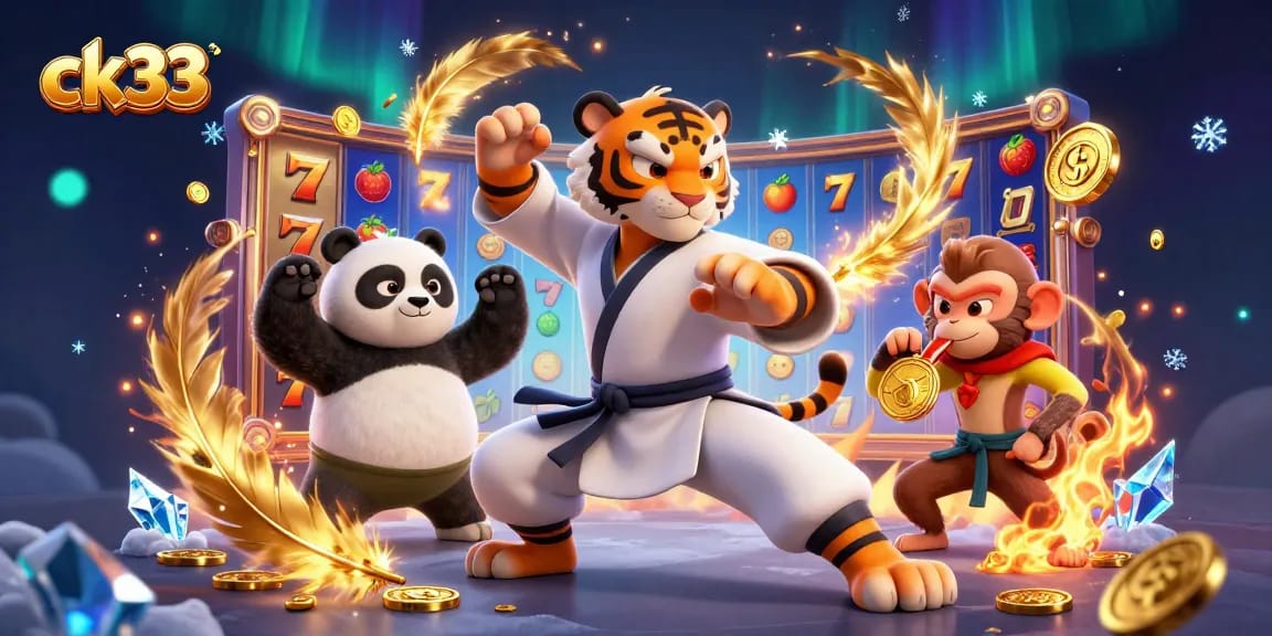 Play and win at ck33 with a thrilling 3D slot game scene featuring cartoon kung fu characters.