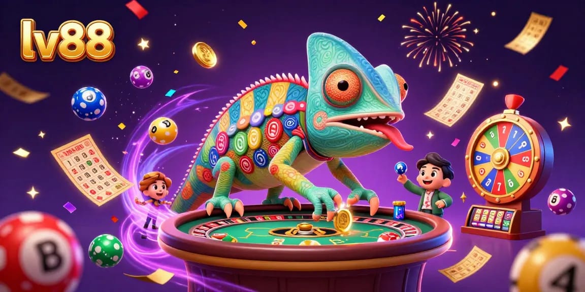 Win prizes at lv88 with exciting lottery balls and a colorful chameleon casino owner!