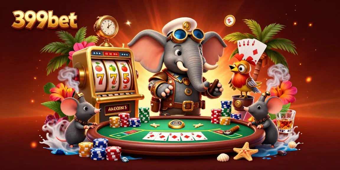 Play exciting games on 399bet with a lively steampunk scene featuring a golden slot machine and poker elements.