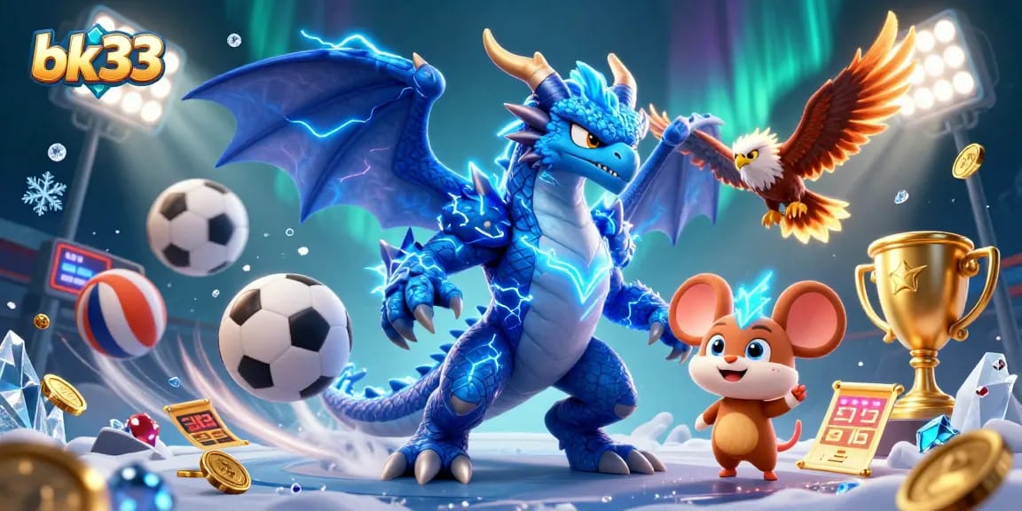 Bet on bk33 with thrilling 3D cartoon dragon and sports elements showcasing dynamic gaming.