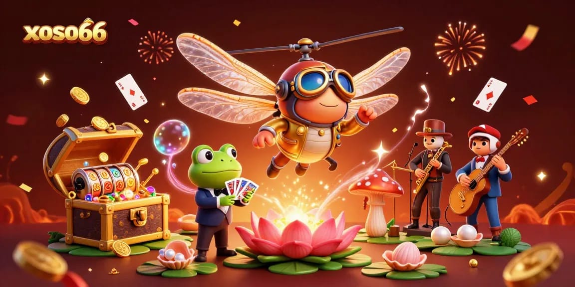 Engage in exhilarating casino gameplay featuring xoso66, with a vibrant scene of characters in rich detail.