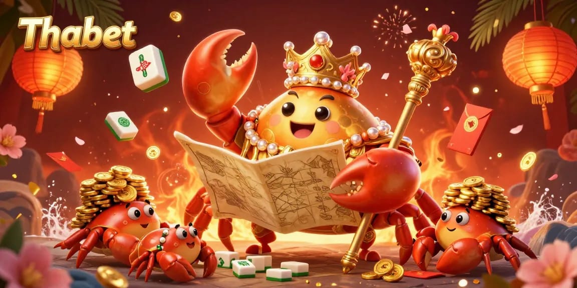 Engage with Thabet's vibrant casino world featuring a golden crab emperor amidst colorful festive elements.