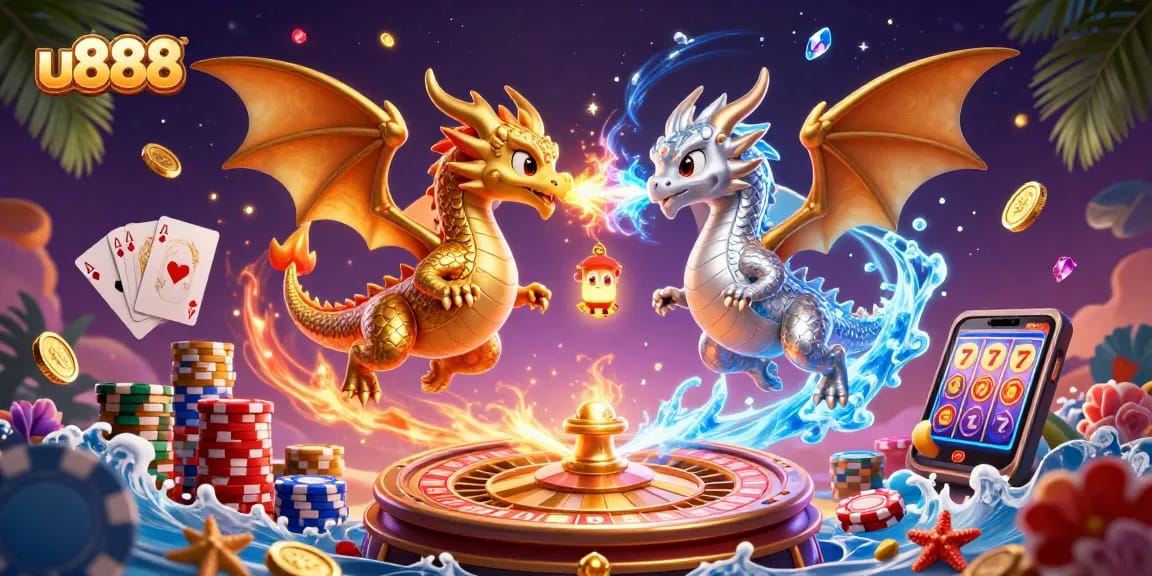 Engage with u888's thrilling world of gaming as dragons soar in this dynamic casino scene.