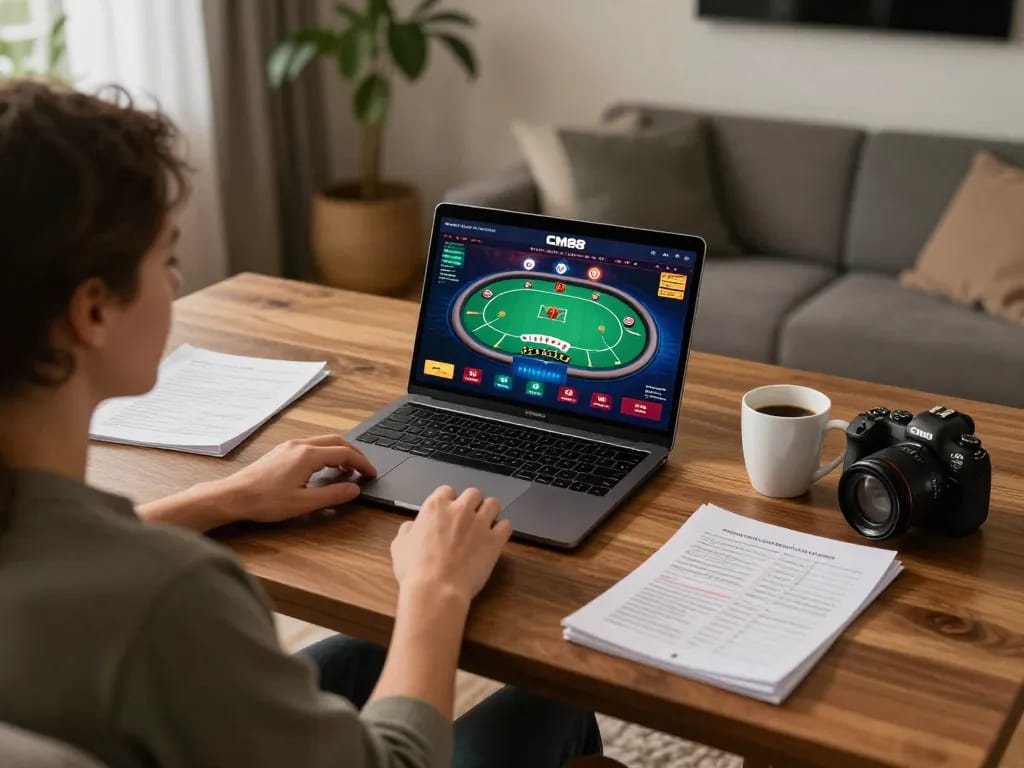 Engaging gameplay at CM88 online casino on a laptop, revealing poker strategies and cozy home atmosphere