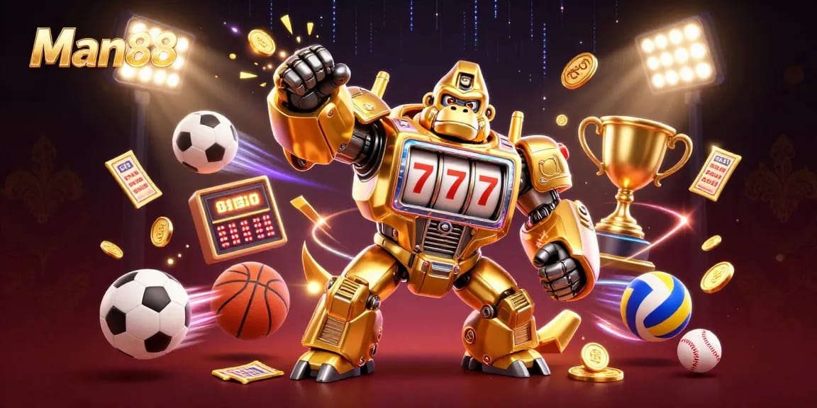 Bet on exciting games with Man88 featuring a golden gorilla mech and vibrant sports elements.
