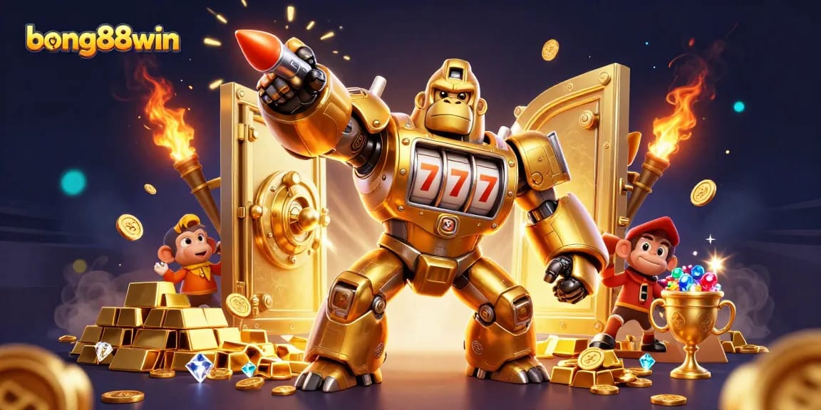 Experience thrilling wins at bong88win with dazzling slot machine illustrations featuring golden treasures and a vibrant casino atmosphere.