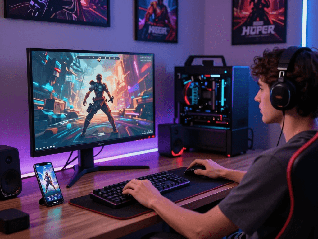 Person playing engaging porn games on a gaming setup with colorful LED lights.