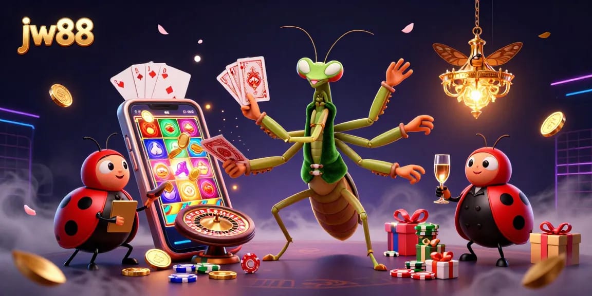 jw88 casino illustration showcasing a giant praying mantis and ladybug characters amidst slot games and vibrant casino elements.
