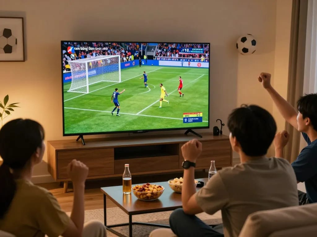 Excited viewers enjoying xem bóng đá trực tuyến, celebrating a goal on TV with snacks and drinks, in a cozy living room.