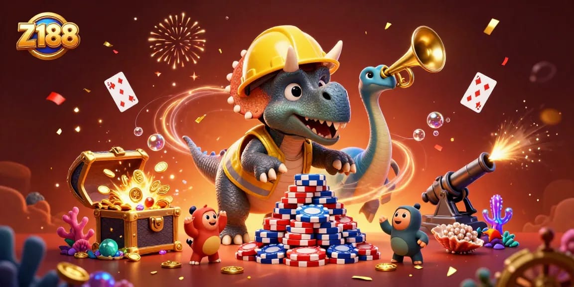 Z188 engages players with vibrant casino-themed design featuring a triceratops and a joyful atmosphere.