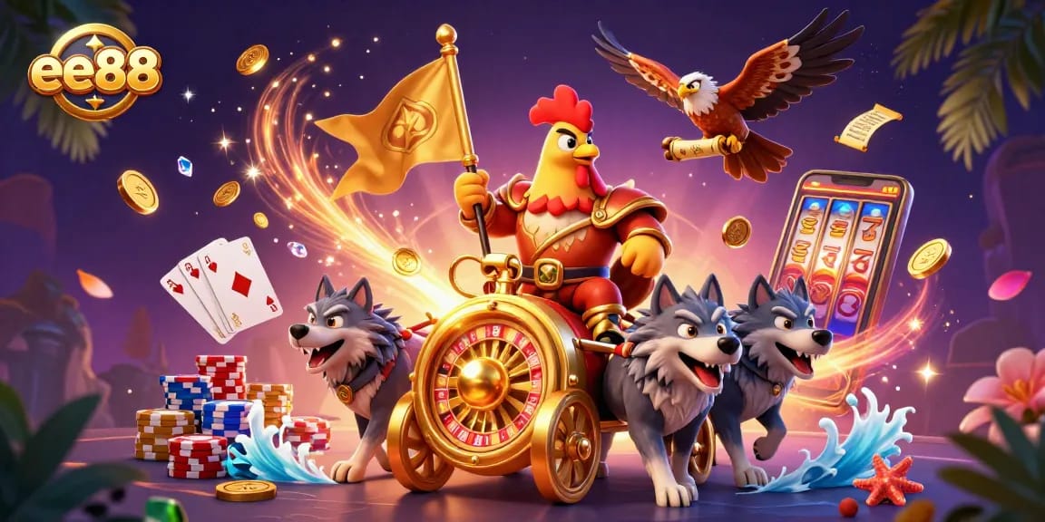 Experience EE88 with engaging 3D artwork of a rooster warlord in a vibrant casino scene