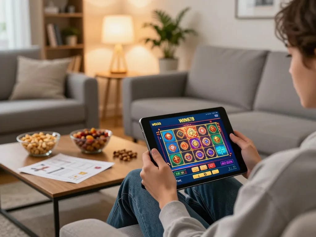 Person playing win678 slot games on a tablet from a cozy home setup.