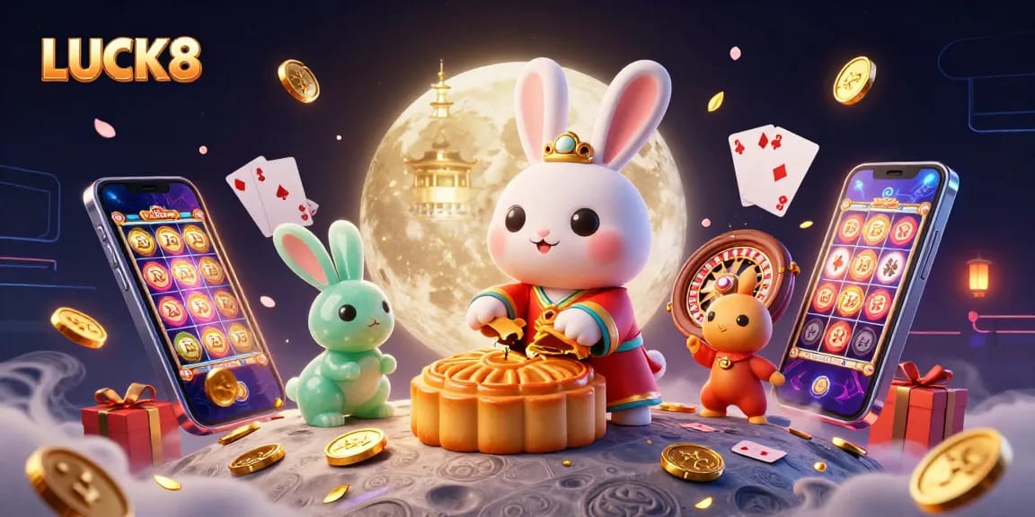 Win big with LUCK8's dynamic gaming scene featuring vibrant casino motifs and characters.
