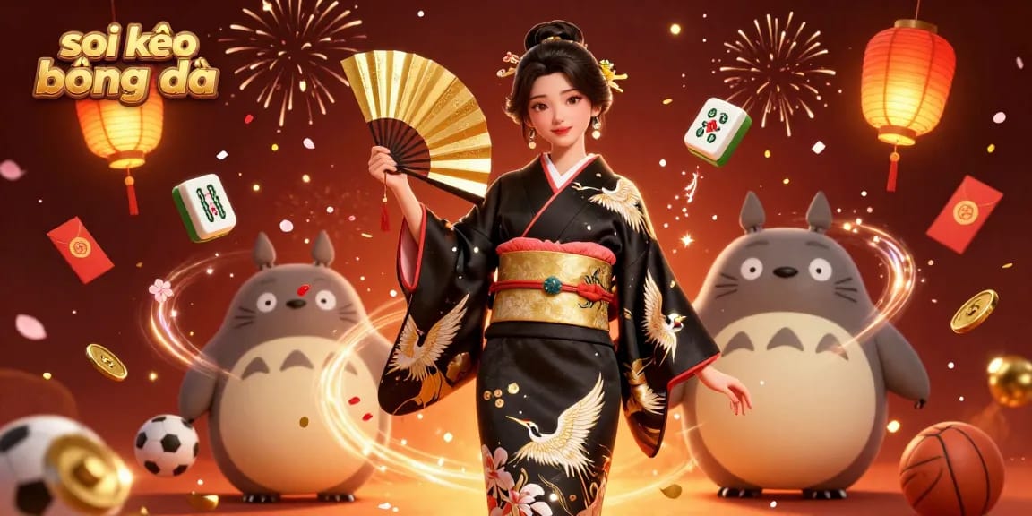 Soi kèo bóng đá scene with an Asian woman in kimono and a cartoon tanuki, surrounded by festive gambling elements.