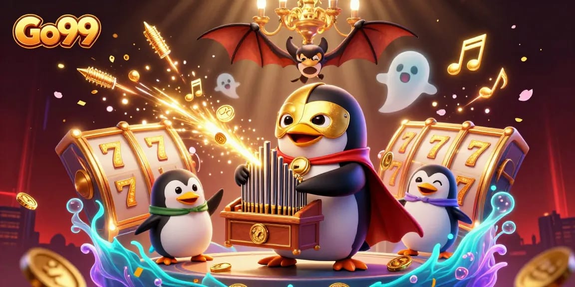 Experience the thrill of Go99 as the playful penguin entertains with golden coins in a vibrant casino scene.