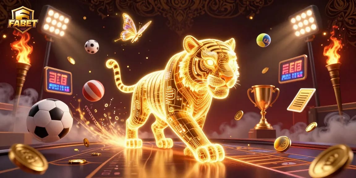 FABET's dynamic scene showcases a neon golden tiger and sports elements in vibrant casino fantasy.
