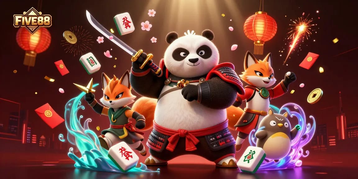 Experience high-stakes action at FIVE88 Casino with vibrant characters and dynamic gaming elements.