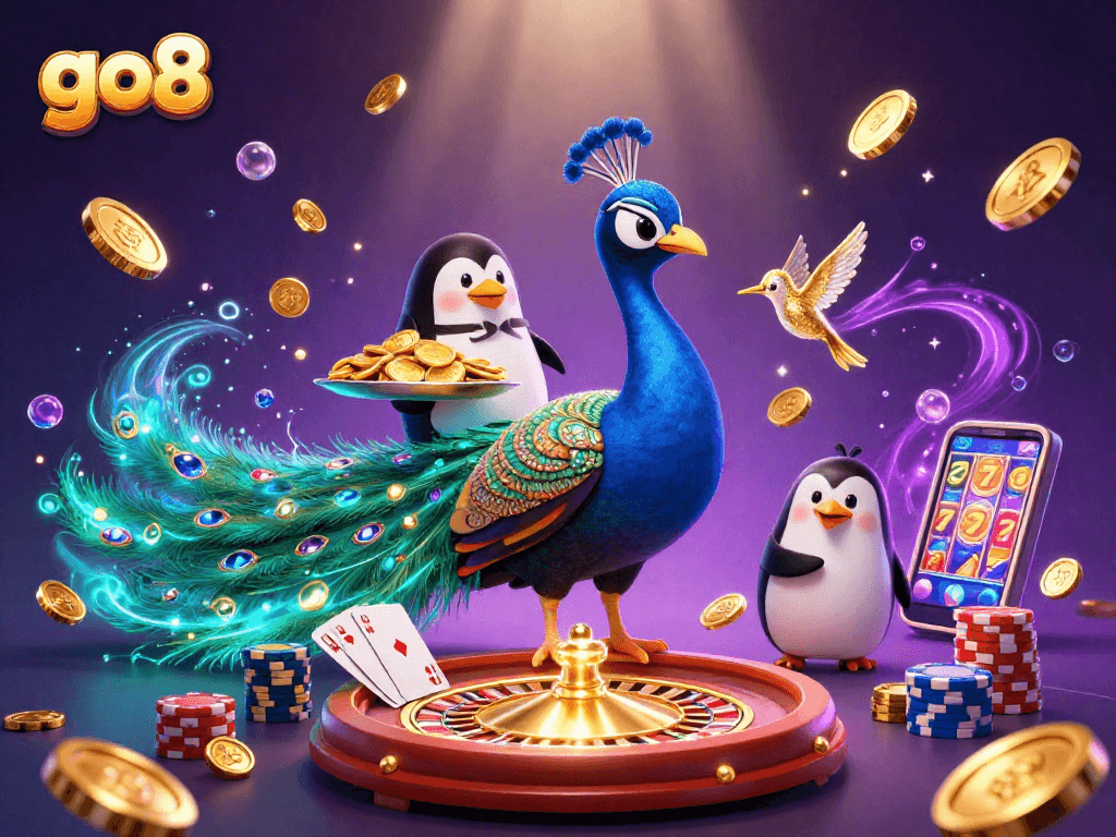 Experience the excitement of go8 with vibrant 3D imagery featuring gaming luxuries, golden chips, and spinning roulettes.