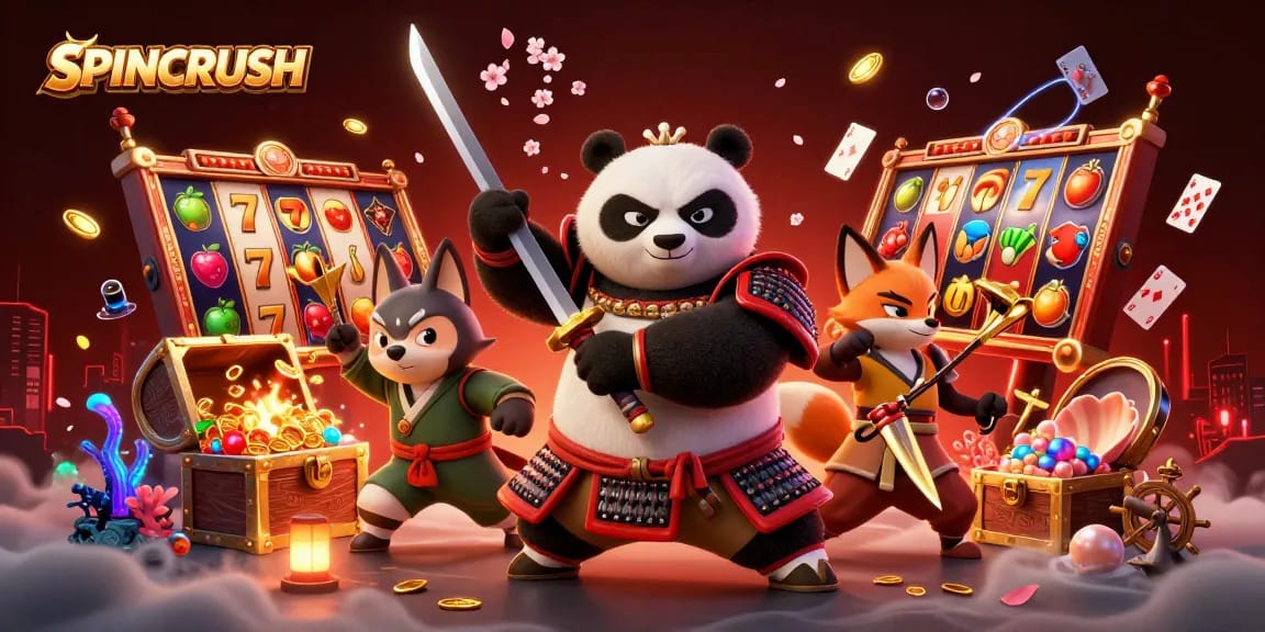 Engage with SPINCRUSH in this vibrant, dynamic 3D casino scene featuring animated symbols and characters.
