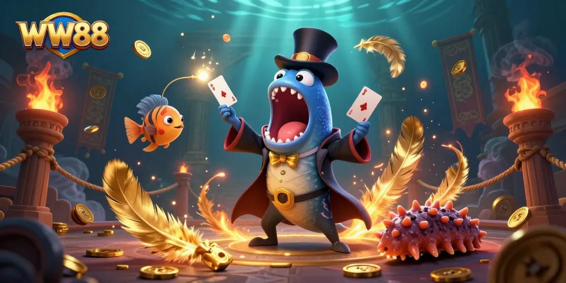 WW88 captures gamblers' attention with a whimsical underwater magic act surrounded by gold coins and Ember particles.