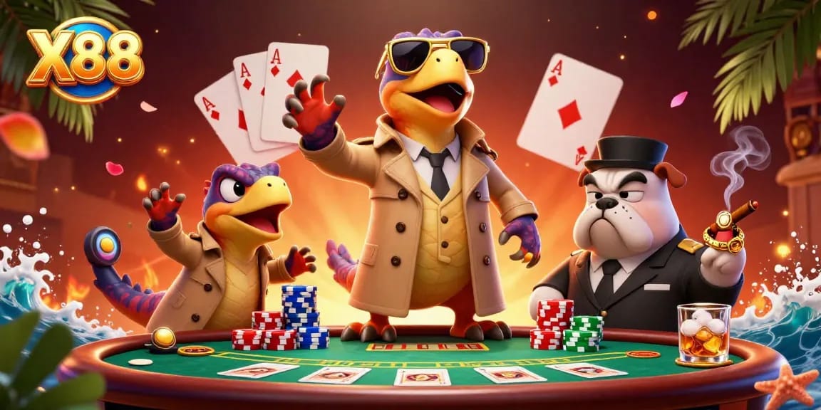 X88 raptors humorous attempt to enter VIP casino while interacting with a bulldog bouncer amidst vibrant poker elements.