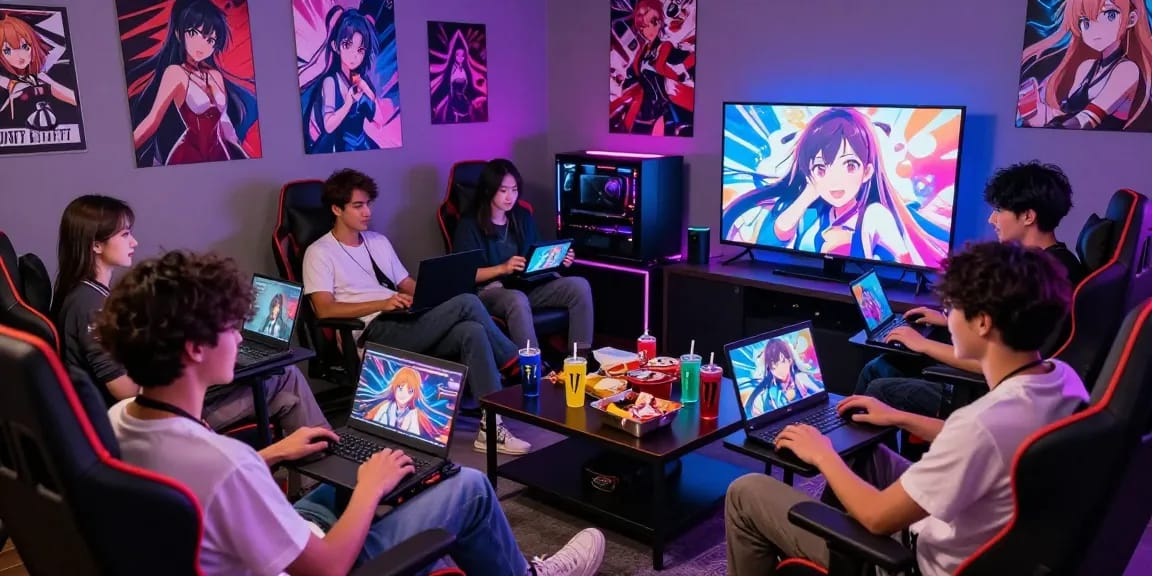 Friends playing engaging hentai ganes in a vibrant gaming lounge with multiple devices.
