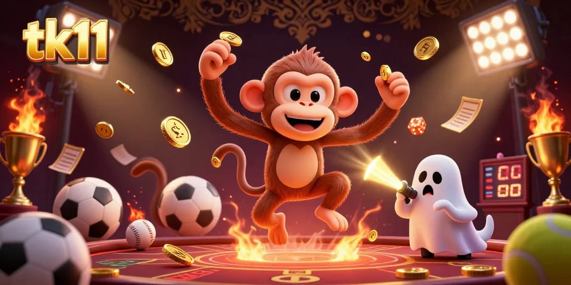 Engage with tk11's dynamic casino experience featuring a mischievous monkey juggling golden winnings.