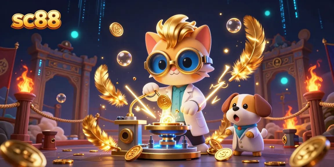 Engage in thrilling action with sc88 as a mad scientist cat and dog create a gold replication machine in a casino atmosphere.
