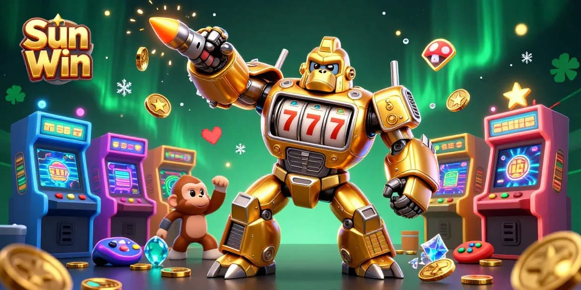 Experience thrilling gameplay action with Sun Win's vibrant 3D slots illustration, featuring a dynamic gorilla mech character.