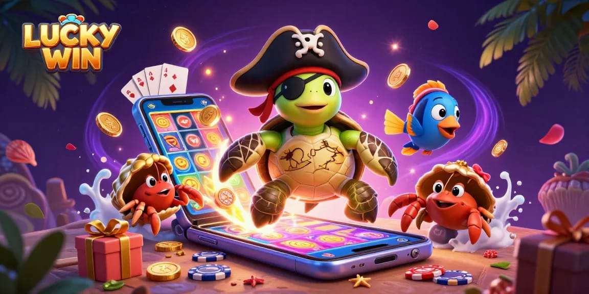 Experience the wealth of LUCKYWIN with a playful turtle and colorful casino elements.