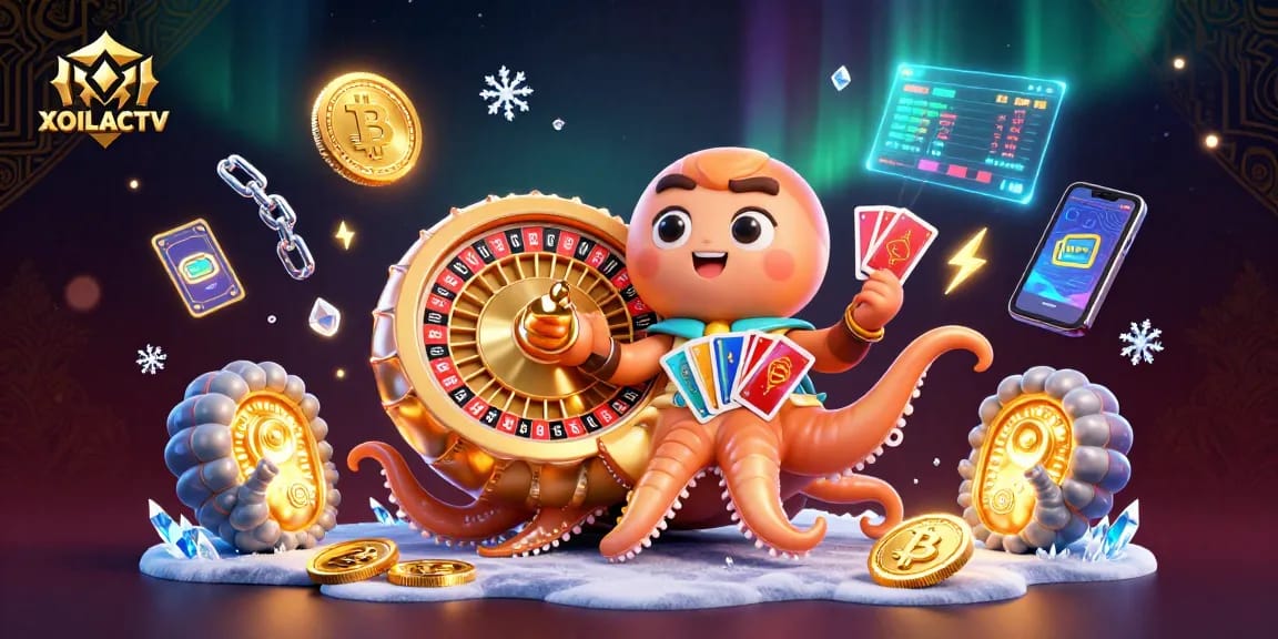 Engage with XOILACTV's vibrant casino experience featuring a giant nautilus roulette wheel and crypto elements.