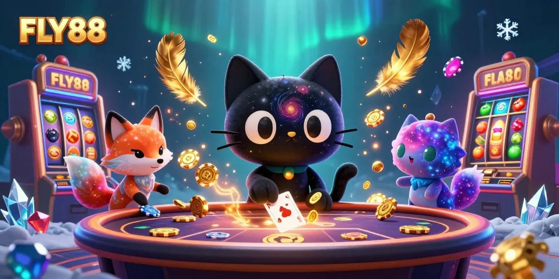 FLY88 engages players at a vibrant cosmic casino, surrounded by dynamic slot machines and colorful characters.