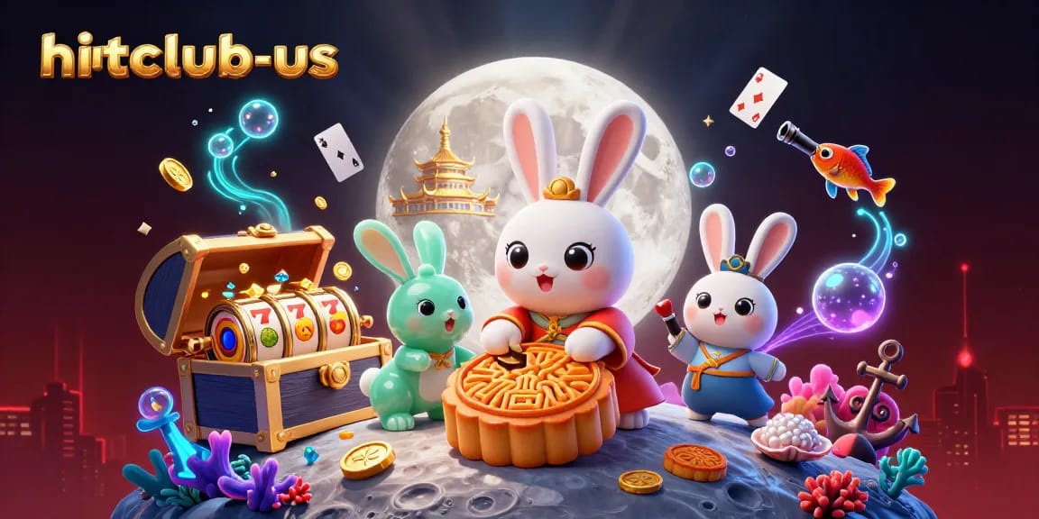 Win big at hitclub-us with colorful slot games, poker chips, and a magical moonlit scene.