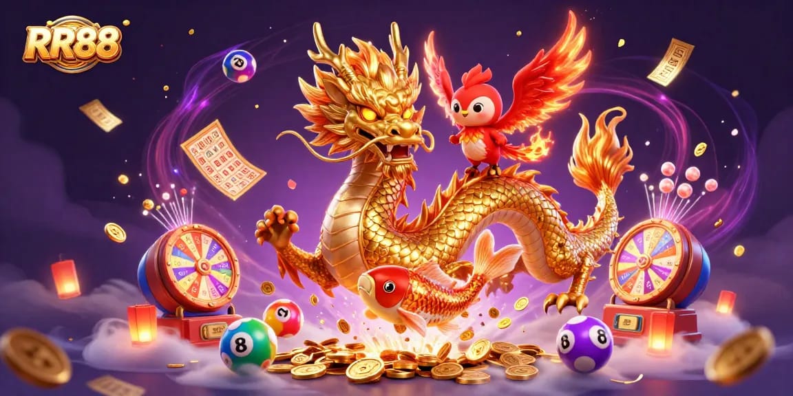Experience thrilling gameplay with RR88 as a golden koi fish leaps amidst vibrant lottery elements.