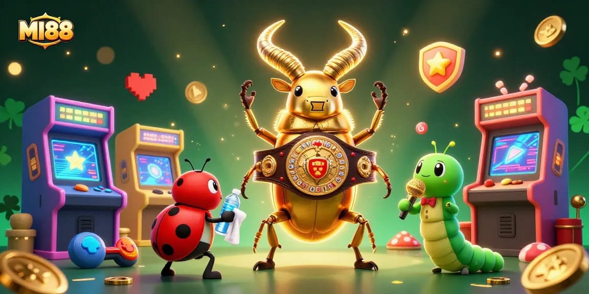 Engage with MI88 in this vibrant 3D casino scene featuring a giant golden beetle champion and retro game elements.